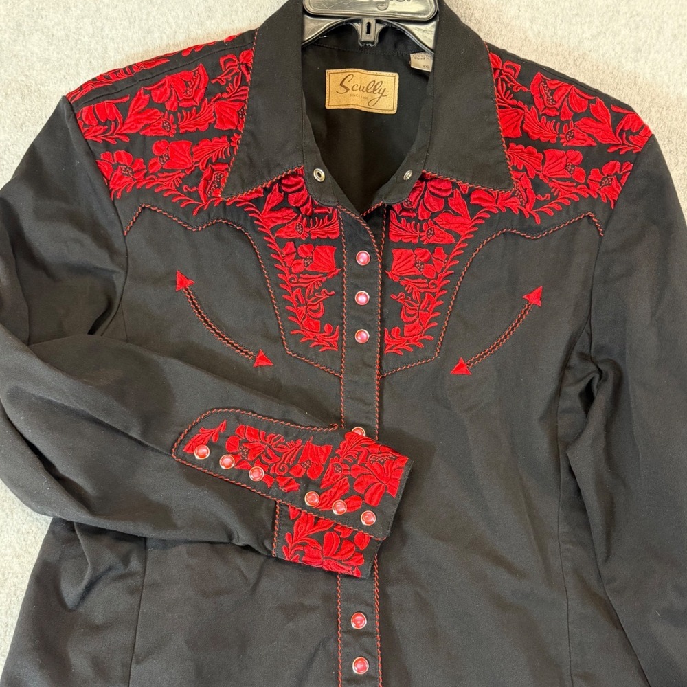 Scully Western Shirt Womens XXL Black Red Floral Embroidered Snap Front Cowgirl